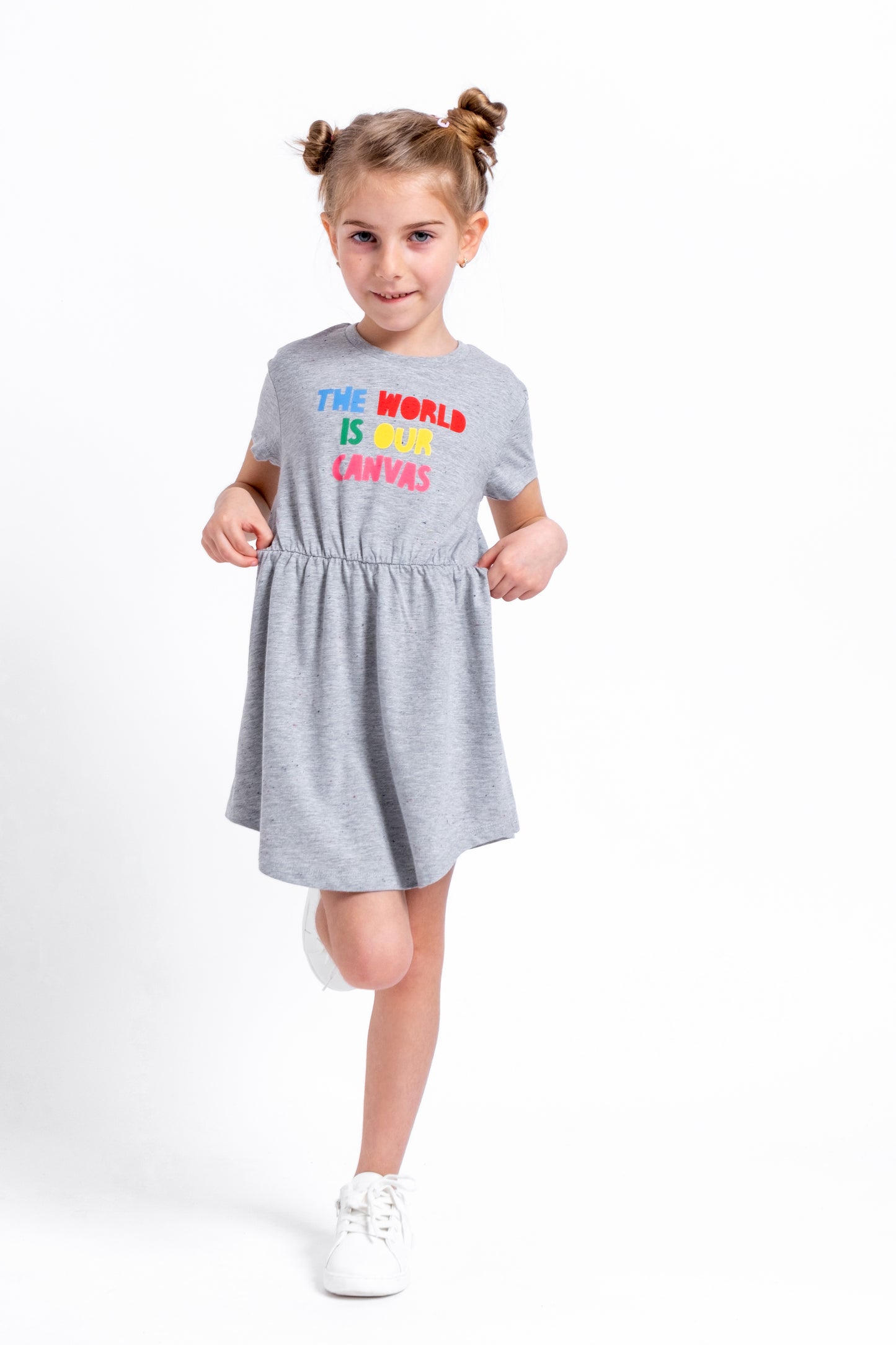 Short Sleeve Dress with Phrase Graphic - Grey