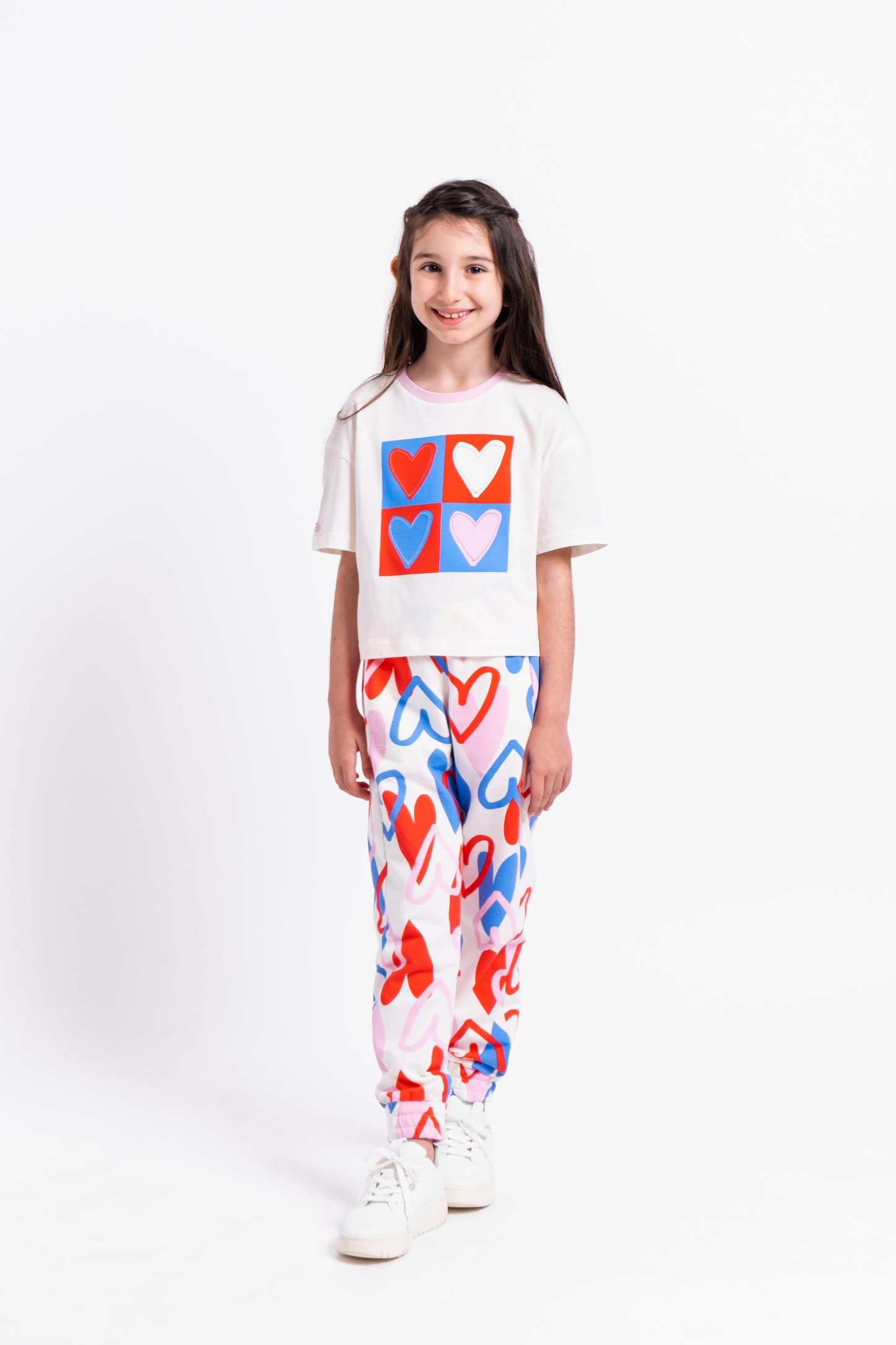 Boxy Short Sleeve T-Shirt with (Heart) Graphic and Embroidery - Ecru