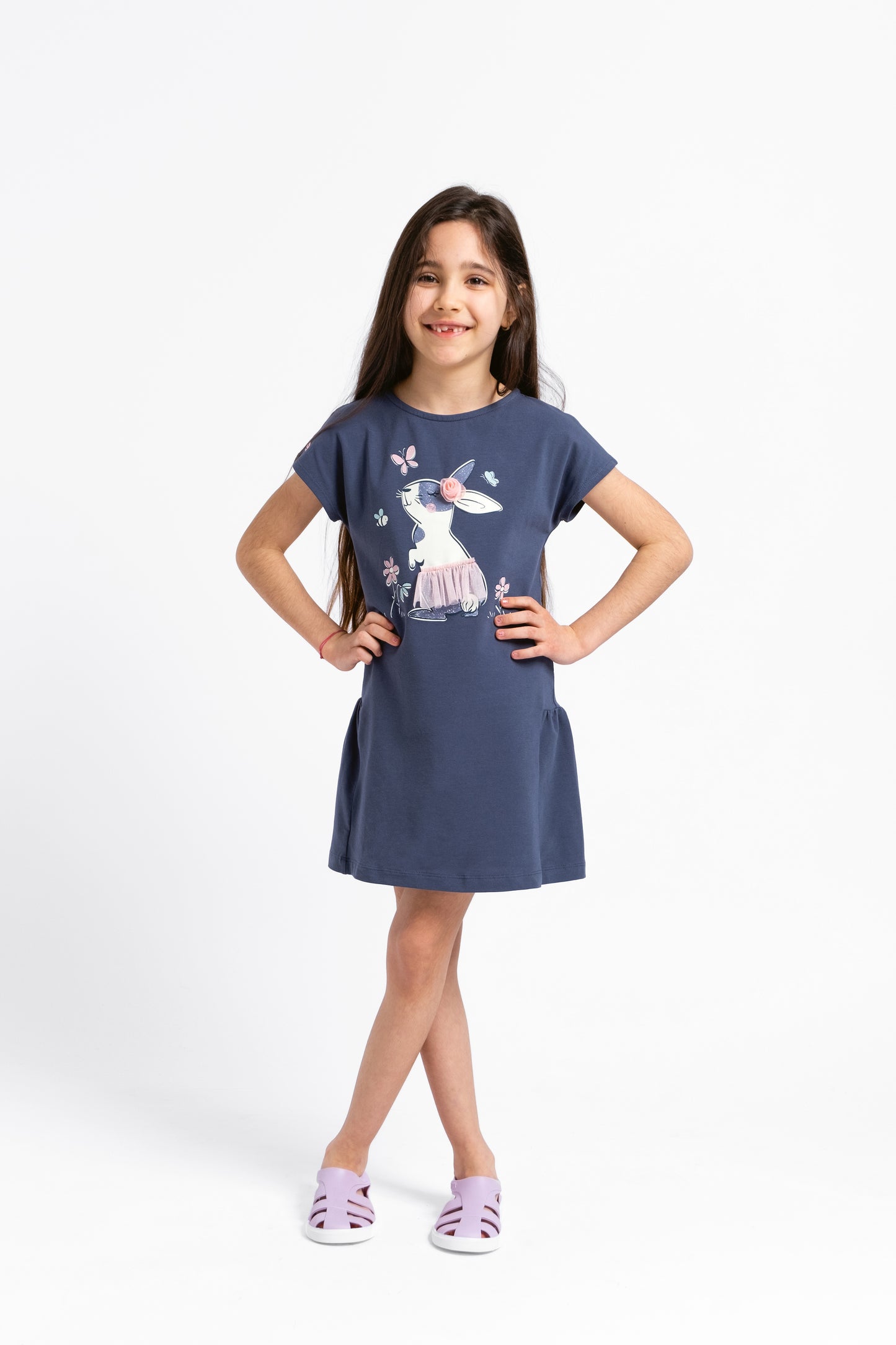 Cherubino "A-Line Charm" Bunny Print Dress for Girls in Dark Grey