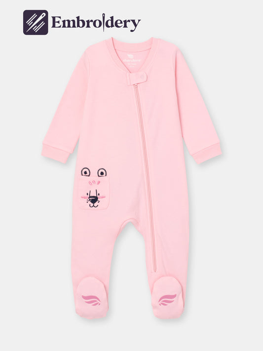 Solid On-the-Go Zipper Jumpsuit with Non-Slip Footies with Embroidered Pocket - Pink