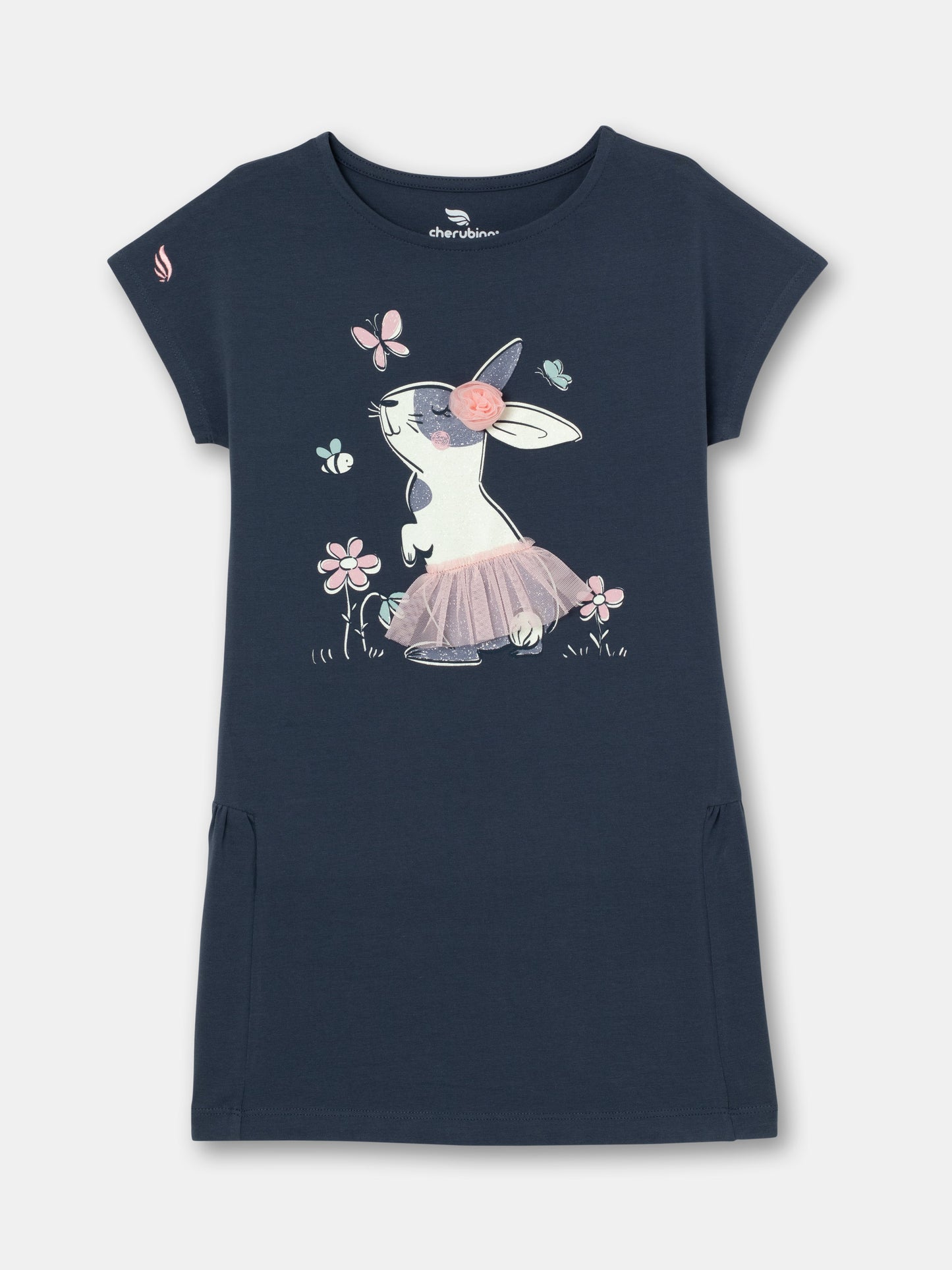 Cherubino "A-Line Charm" Bunny Print Dress for Girls in Dark Grey