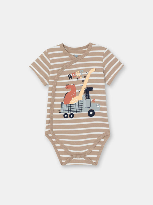 Striped Short Sleeve Dino Adventure Bodysuit - Beige stripes