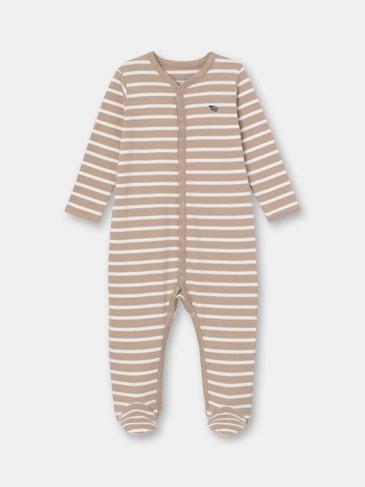 Snap Front Jumpsuit with Non-Slip Footies with (Mini Stripe) Pattern - Brown