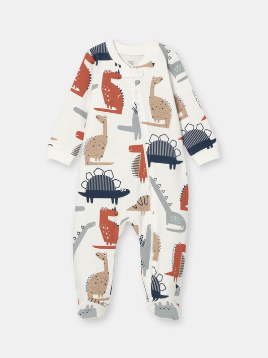 On-the-Go Zipper Jumpsuit with Non-Slip Footies in (Dino Party) Pattern - White