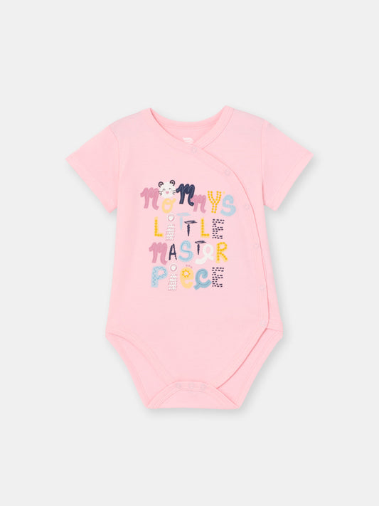 Short Sleeve Wrap Front Bodysuit with (Masterpiece) Phrase Graphic - Pink