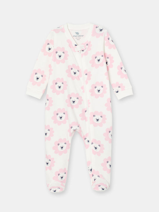 On-the-Go Zipper Jumpsuit with Non-Slip Footies in (Floral Lion) Pattern - White