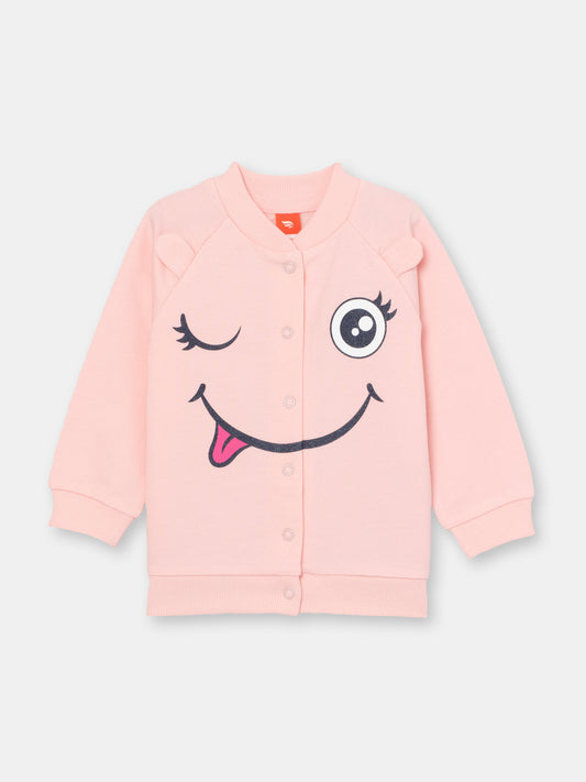 Bomber Jacket with Monster Face Graphic - Pink