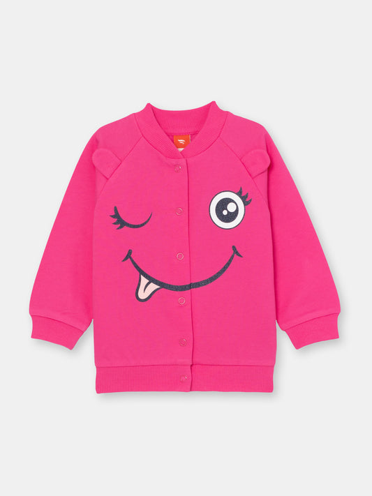 Bomber Jacket with Monster Face Graphic - Raspberry