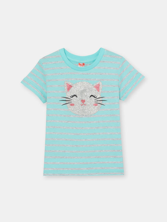 CWKG 62844-40-286 - Cherubino girls sky blue t-shirt with glitter kitten print - front