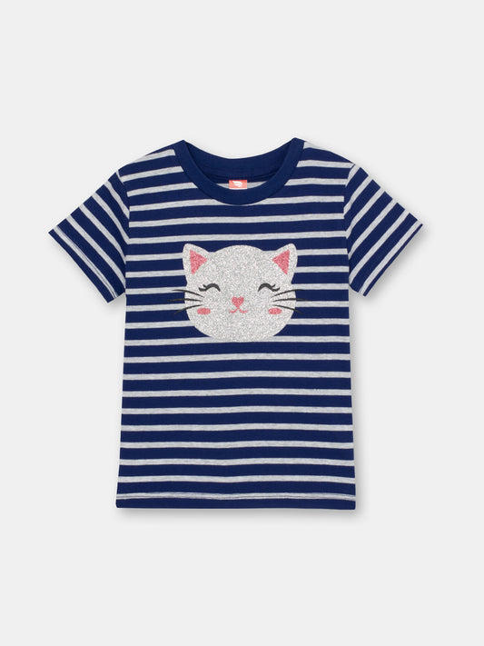 CWKG 62844-41-286 - Cherubino girls dark blue t-shirt with glitter kitten print - front